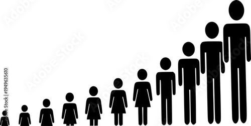 Child growth silhouette vector, baby to toddler development, crawling to standing poses, black icons for parenting, education, childhood stages, medical concept 