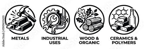 Metals industrial uses wood and organic ceramics and polymers icons set