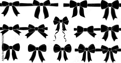 Elegant ribbon bow silhouettes collection, decorative gift bows, festive vector design, black tied ribbons for celebration, wedding, holiday, fashion, ornament illustration