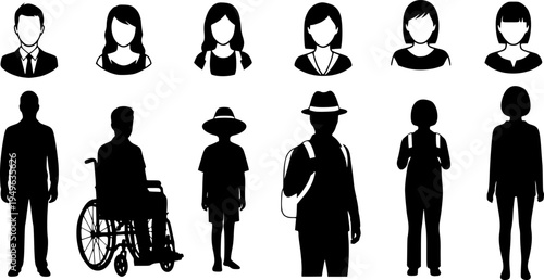 Silhouettes of seven people and seven profile avatar icons on white background Keywords: people, silhouette, avatar, icon, man
