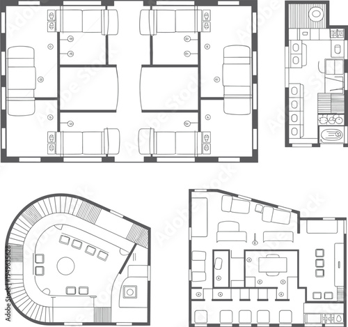 Flat vector residential floor plans, dormitory apartment lounge suite design