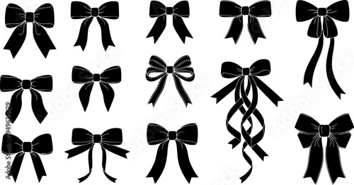Elegant ribbon bow silhouettes collection, decorative gift bows, festive vector design, black tied ribbons for celebration, wedding, holiday, fashion, ornament illustration