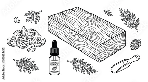 Cedarwood essential oil with wood block and cedar leaves detailed vector illustration