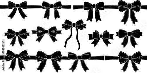 Elegant ribbon bow silhouettes collection, decorative gift bows, festive vector design, black tied ribbons for celebration, wedding, holiday, fashion, ornament illustration