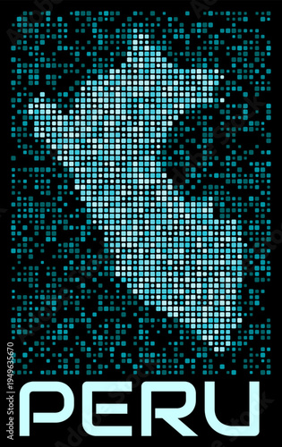 Peru digital dotted map. Shape of the country in cyan color palette on dark background. Futuristic Peru map design. Vector illustration.