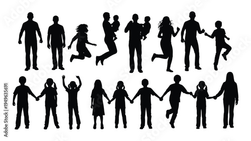 A group of people in various poses and actions