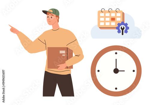 Logistics, time management, delivery services, scheduling, planning, organization. A delivery worker holding a box with calendar, gear and clock icons. Logistics and time management concepts