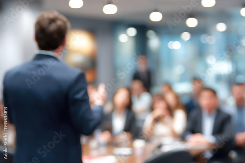 Business presentation meeting room audience blurred communication teamwork focus