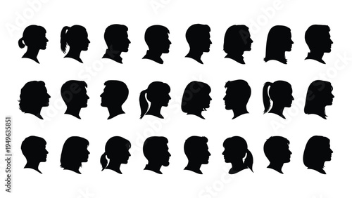 A collection of black silhouette profiles of people's heads