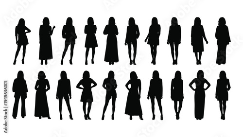 Silhouettes of women in various poses and outfits