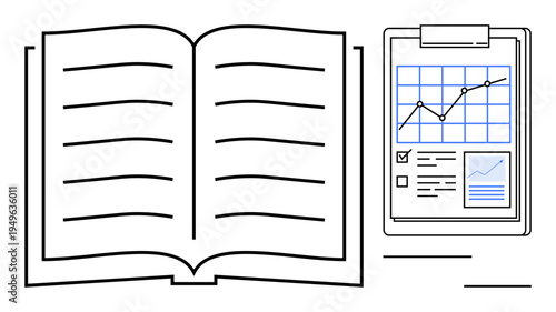 Education, research, knowledge sharing, data analysis, progress tracking, learning materials. Open book beside data-filled clipboard with a chart. Education and research concept