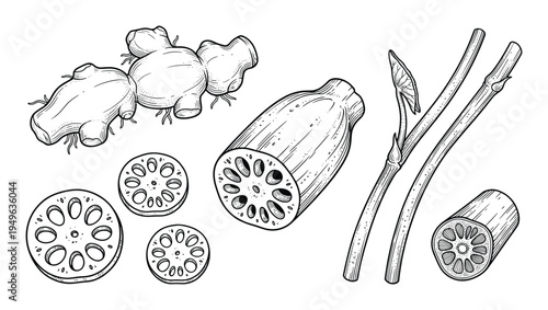 Lotus root and stems detailed illustration, including slices, whole root, and stem, line art drawing vector