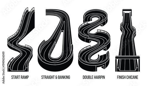 Amusement park water slide sections set with start ramp straight banking double hairpin and finish chicane parts