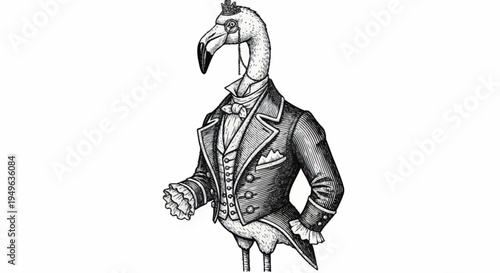 Elegant Flamingo Dressed in Formal Victorian Attire.