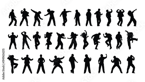 A collection of black silhouettes of people in various dance poses