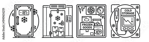 Cold storage and frozen food logistics line icons set for industrial warehouse refrigeration