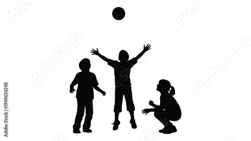 Three children playing volleyball together outside