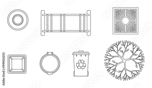 Landscape architecture symbols for site plan design including bike rack and tree grate