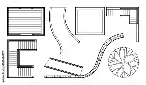 Landscape architecture site plan components with stairs and garden pathways