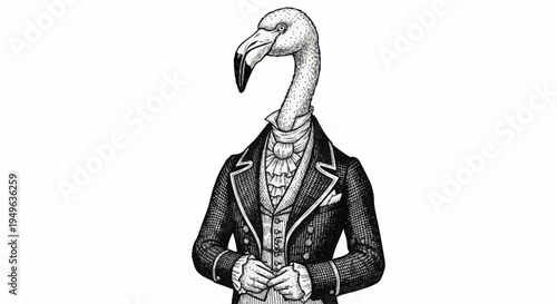 Elegant Flamingo Dressed in Formal Victorian Attire.
