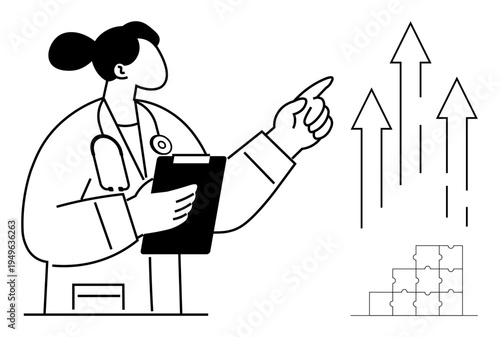 Healthcare concept. A healthcare professional evaluates growth using rising arrows and puzzle pieces. Healthcare supports strategic growth, planning, problem solving, and success. For medical