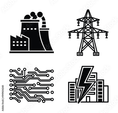 Power energy resources icons set: power plant, electricity pylon, circuit board and lightning striking a building.