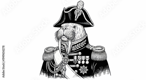 Anthropomorphic Walrus Dressed as a Naval Admiral.