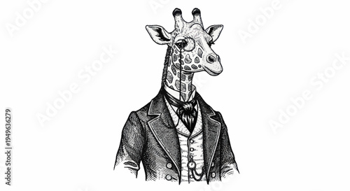 Elegant Giraffe Dressed in Vintage Suit and Monocle.