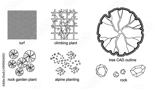 Landscape architectural CAD symbols: turf, plant, tree outline, rock garden, alpine, climbing, stone