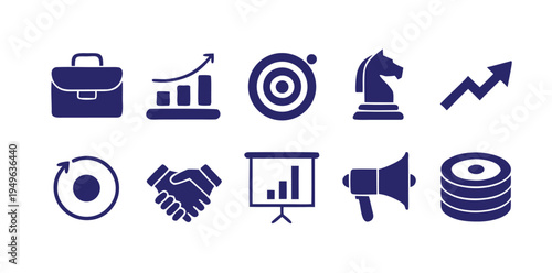 A diverse collection of dark blue business and finance strategy icons presented neatly on a clean white background.