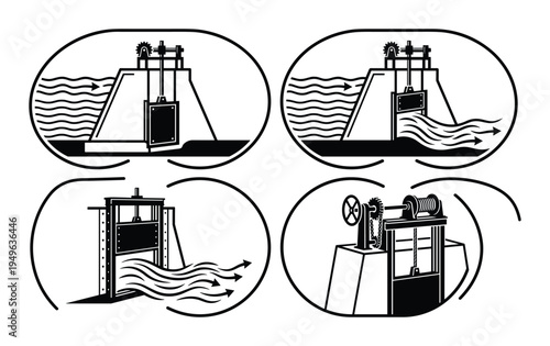 Black silhouette water dam and floodgate operation illustration set, hydro power plant design elements