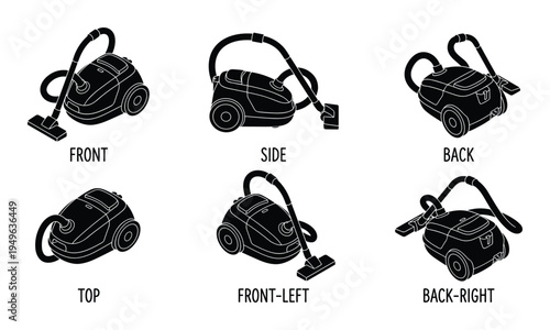 Isometric vacuum cleaner black silhouette illustration showing various perspectives of electric vacuum cleaner on transparent background