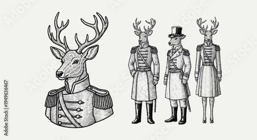 Vintage Deer Head Portrait and Figures in Uniforms.