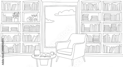 Flat vector cozy reading nook, armchair bookshelf window cup design
