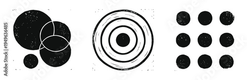 Abstract circles illustration, intersection circle lines, concentric circles and circles in square layout. Black and white.