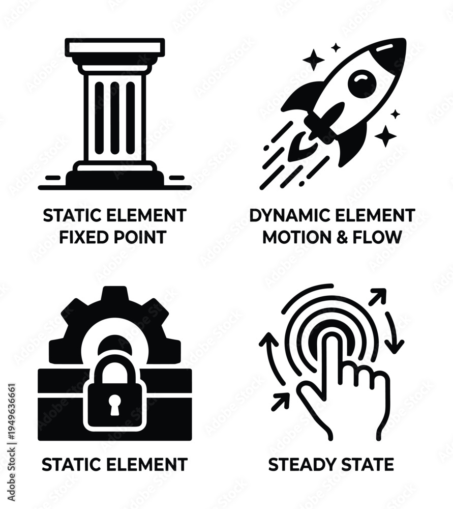 Obraz premium Static and dynamic elements with pillar, rocket, gear lock, and hand with circles icons