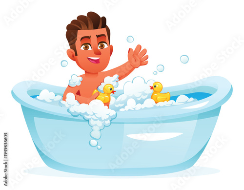 Happy boy sitting in bathtub with soap bubbles and rubber ducks playing with water. Vector cartoon illustration