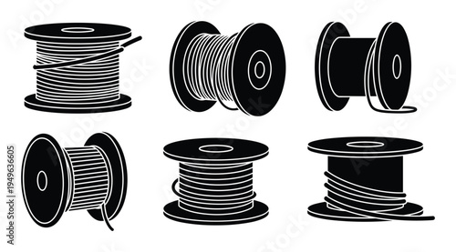 Set of black silhouettes of spools and coils with thread or wire sewing and industrial elements