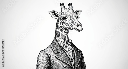 Elegant Giraffe Dressed in Vintage Suit Portrait.