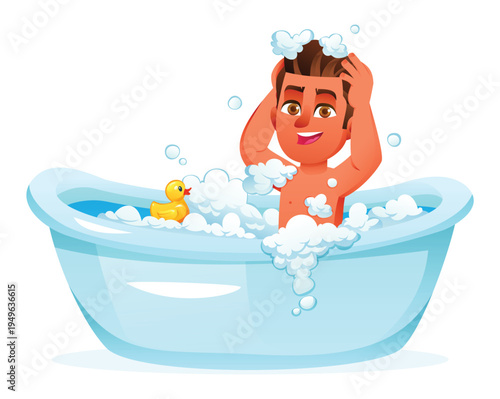 Cheerful little boy washing hair with foam and soap bubbles in blue bathtub. Vector cartoon illustration