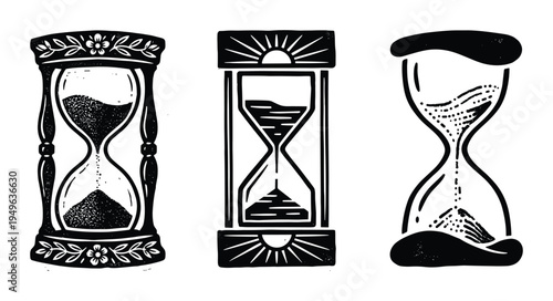 Set of hourglass illustrations in different styles, woodcut style drawings of sand timers, time passing, vintage designs