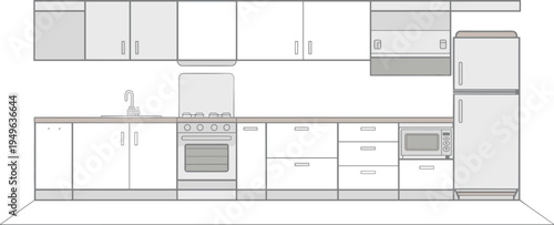 Flat vector modern kitchen layout, sink stove fridge microwave cabinet design