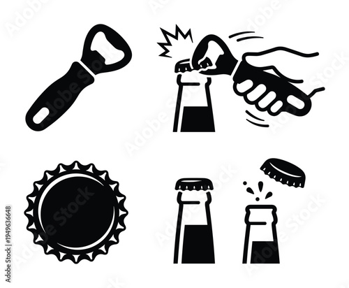 Black and white vector illustration of bottle opener, bottle cap and opening a bottle of beer.