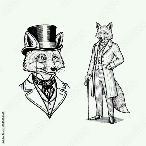 Elegant Fox Dressed in Victorian Attire with Monocle and Cane.