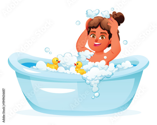 Little girl washing her hair with soap bubbles and foam in bathtub with ducks. Vector cartoon illustration