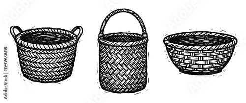 Three handcrafted woven baskets illustration, black and white rustic vector art, different shape baskets collection
