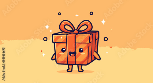 Playful cartoon gift box character with smiley face.