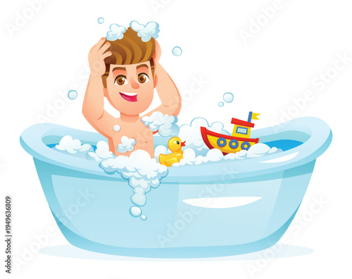 Little boy washing his hair with foam in bathtub with toy boat and rubber duck. Vector cartoon illustration