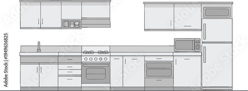 Flat vector modern kitchen layout, cabinets sink stove fridge design