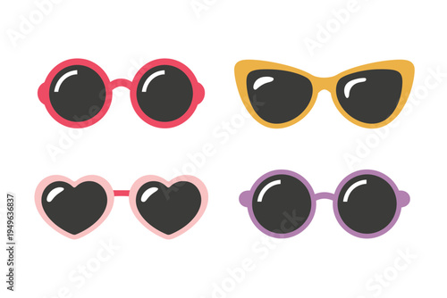 Cartoon sunglasses collection illustration, colorful stylish summer eyewear set with trendy retro fashion glasses for beach vacation and fashion accessory design.